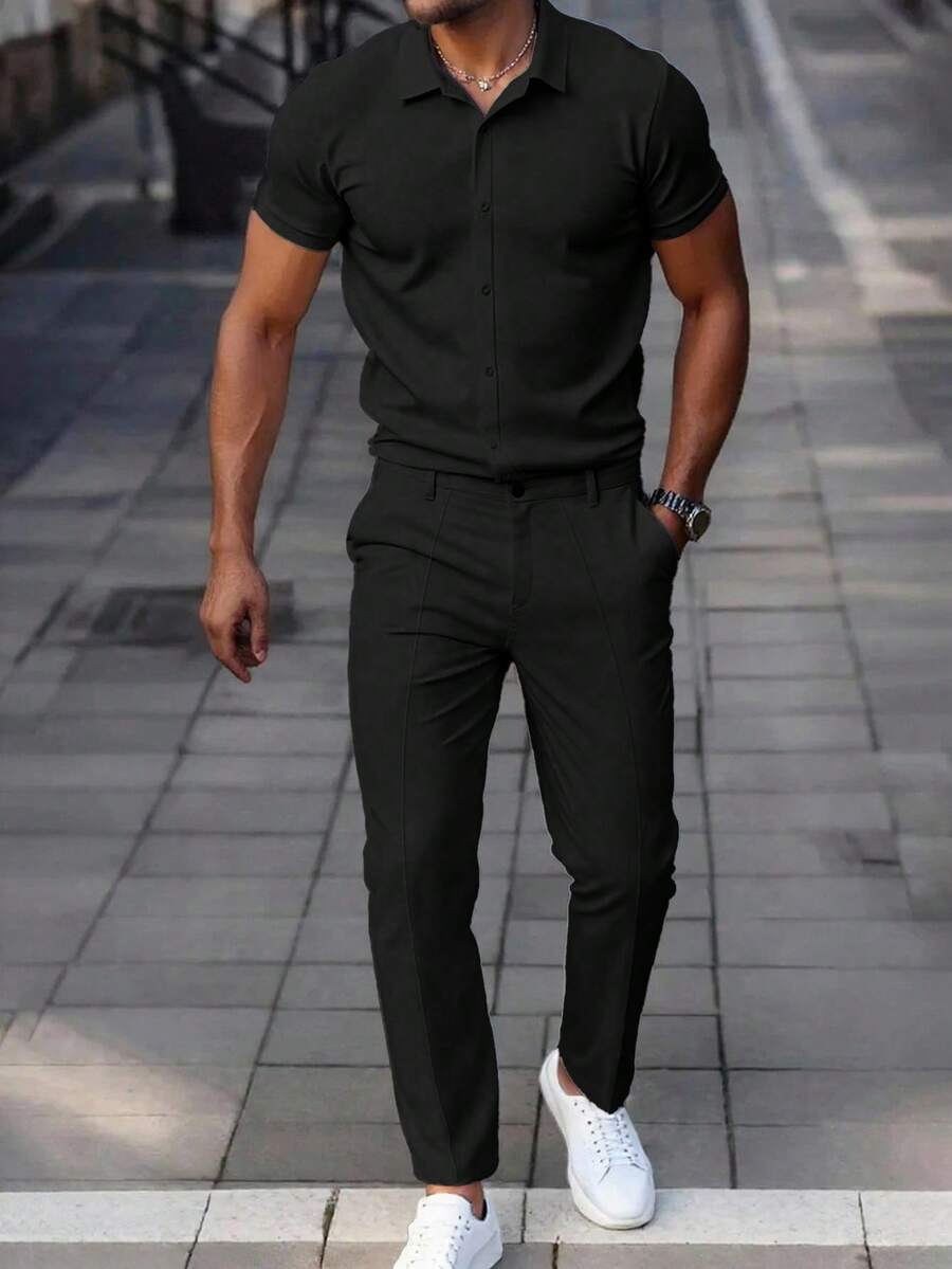 Manfinity CasualCool Men's Casual Solid Color Short Sleeve Shirt And Pants Set - Black - View 1