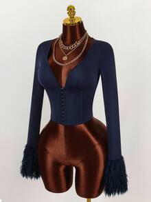 Amplova Y2K Amplova Women's Solid Color V-Neck Elegant Minimalist Everyday Metal Button Decor Fringed Long Sleeve Fitted Jacket Navy Blue Autumn Winter Clothes For Women