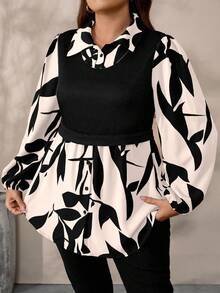 EMERY ROSE Plus Size Women Floral Print Patchwork Knit Casual Top, Autumn/Winter - Apricot - View 3
