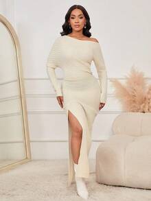 Glamine Nuovo abito in maglia con spalle scoperte e design con spacco laterale per donne - Albicocca - Visualizzare 7