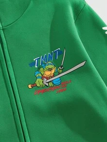 ROMWE MEN TEENAGE MUTANT NINJA TURTLES X ROMWE 男士休闲字母和海龟印花拉链连帽卫衣，秋季款，长袖上衣 - 綠色 - 查看 3