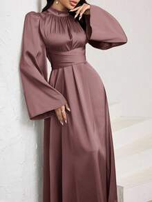 Veilorie 女式纯色立领泡泡袖束腰优雅阿拉伯风格连衣裙 - 藕粉色 - 查看 4