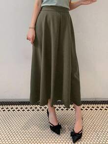 DAZY Women's Solid Color High Waist Elegant Office Midi Skirt - Army Green - View 3