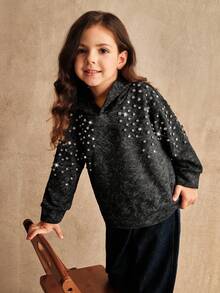 SHEIN 年轻女孩高品质黑色长袖连帽运动衫，水钻装饰宽松家庭装，秋冬 - 黑色 - 查看 6