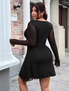 GalTyme 大码性感纯色深 V 领蝴蝶结装饰连衣裙 - 黑色 - 查看 2