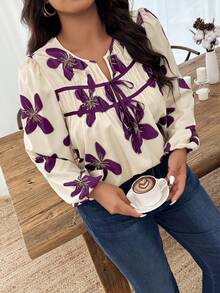 Weeklong Plus Size Women Floral Print Tie Front Lantern Sleeve Fashion Blouse - Multicolor - View 3