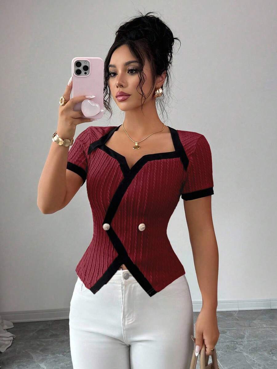 Selianne Women's Retro American Style Color Block Asymmetrical Design Short Sleeve T-Shirt - Red - View 1