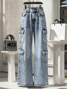 GlowEve Women's Casual Washed Wide Leg Cargo Jeans - Blue - View 1