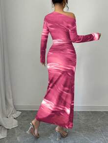 Elenzga Women Tie-Dye Print Round Neck Fitted Long Dress, Elegant (Random Floral Pattern) Maxi Women Outfit - Pink - View 2