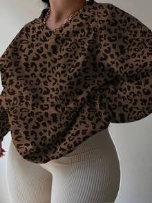 INAWLY Sweat-shirt décontracté imprimé léopard grande taille, automne/hiver - Marron fonçé - Voir 3