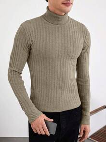 EURMUSE Men's Solid Color Turtleneck Long Sleeve Slim Fit Sweater, Autumn/Winter - Apricot - View 4