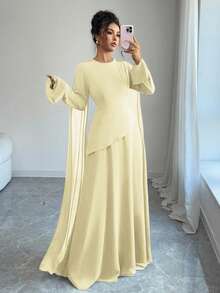 Selianne Váy kiểu Pháp cổ điển thanh lịch phong cách Trung Đông dành cho nữ, có thân áo nhiều lớp với eo thắt có thể điều chỉnh, chân váy xòe có viền voan, tay dài xòe và chi tiết xếp nếp vai, thích hợp cho các bữa tiệc và dịp trang trọng, có sẵn vào mùa thu/đông - Vàng nhạt - Xem 3