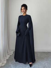 Elenzga 女士优雅中东风格复古法式别致连衣裙，采用分层裙摆，可调节束腰，喇叭袖和肩部垂坠，适合派对，秋冬季 - 藏蓝色 - 查看 4