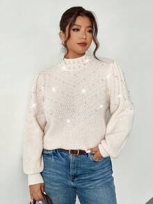 Firerie 加码高领仿珍珠串珠灯笼袖毛衣/立领长袖秋冬乳白色杏色串珠优雅浪漫毛衣/慵懒宽松学院风日常街头毛衣轻薄毛衣女式针织套头衫女式高领套头毛衣女式轻薄针织毛衣女式高领毛衣女式针织毛衣珍珠装饰毛衣 - 杏色 - 查看 5