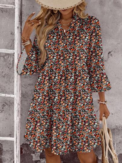 SHEIN LUNE Casual Minimalist Ditsy Floral Short Dress For Women, Suitable For Summer