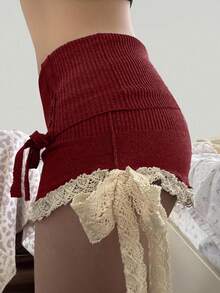 女式撞色蕾丝系带设计针织裙