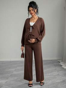 Momance 女士宽松针织套装，纯色上衣，前系带设计，秋冬开衫毛衣外套，纯色毛衣和裤子，孕妇毛衣套装 - 棕色 - 查看 4