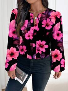 Reflora Bluzka z długim rękawem i nadrukiem kwiatowym w dużym rozmiarze, elegancka i swobodna, odpowiednia na wiosnę/lato - Wyrazisty róż - Zobacz 5
