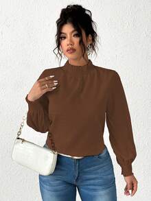 Vionelle 大码纯色按扣领休闲长袖纹理衬衫泡泡袖衬衫优雅白色女式衬衫白色 - 棕色 - 查看 5