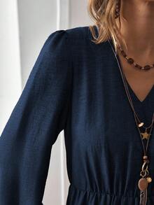 LanaWest Women's Autumn Bohemian Casual Vacation Style Rust Brown Design V-Neck Long Sleeve Patchwork Dress - Navy Blue - View 7