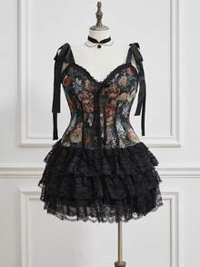 Sweetness Vintage Romantic Garden Gothic Oil Painting Floral Lace Ruffle Patchwork Plus Size Women Dress With Pants - Black - View 2