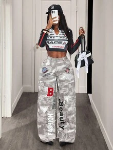 SHEIN BamGlam Women's Camouflage Patchwork Letter Print Wide Leg Cargo Jeans - Multicolor - View 5
