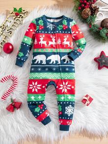 SHEIN Babygirl Cute Christmas Knitted Cartoon Pattern Long-Sleeved Home Clothes Set,Red And White Stripe,Autumn,Lounge Snug Fit Elk Snowflakes Polar Bears - Multicolor - View 7