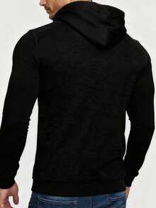 Manfinity Homme 男士休闲纯色连帽衫，秋季休闲健身拉链黑色连帽衫，长袖上衣 - 黑色 - 查看 2