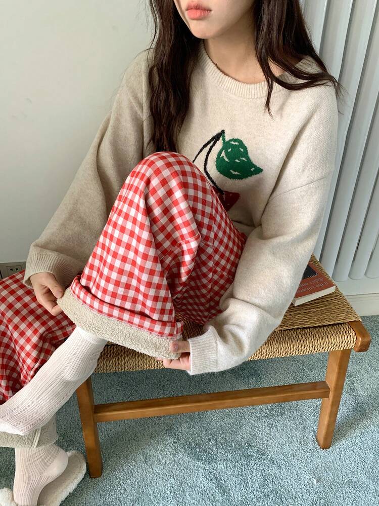 Women's Cherry Pattern Knitted Top And Plaid Pajama Pants Sleepwear Set, Winter Fall Clothes