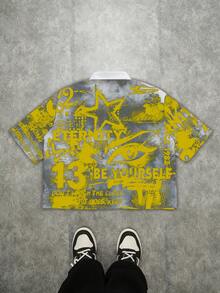 Manfinity ZONE917 Men's Letter Print Short Sleeve Casual Cropped Shirt