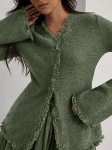 Christmas Women's Elegant Commuter Cardigan And Pleated Skirt 2 Pieces Set, Autumn Sage Green Outfit - Green - View 4