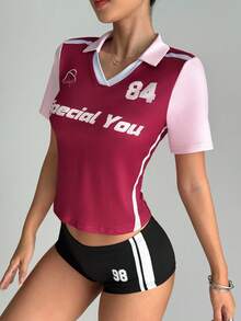 Gameset SHEIN Sport Casual Versatile Contrast Color Letter Yoga Sports Polo Shirt - Multicolor - View 4