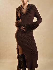 Easelle Robe en tricot fendue élégante à col châle en fourrure marron foncé, manches longues, ourlet fendu sur le côté pour femmes - Tabac - Voir 6