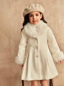 SHEIN 女童白色长款外套，珍珠纽扣 V 领，优雅秋冬外套，家庭装搭配 - 白色 - 查看 6