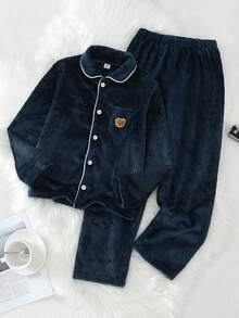 2pcs/Set Casual Loose Fit Cardigan Long Sleeve Top And Pants Loungewear Set For Tween Boys - Blue - View 3