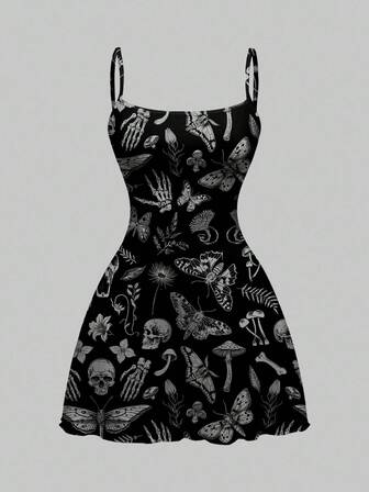 Goth Abito mini da donna con stampa allover di scheletro, ali di pipistrello e piante in stile gotico dark per Ognissanti