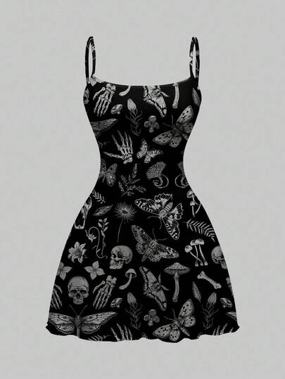 Goth Gothic Dark Halloween Skeleton Wing Bat Plant Allover Print Mini Dress For Women
