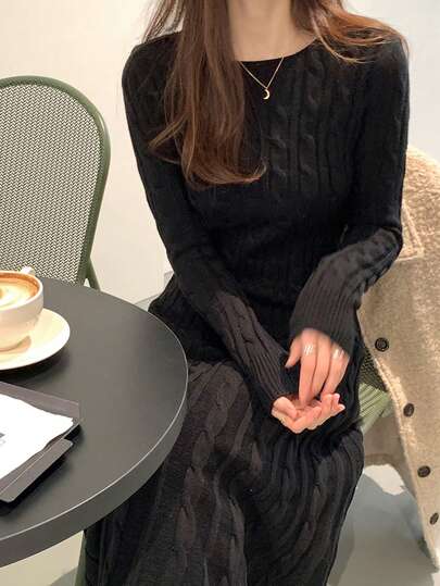 DAZY 女士麻花针织长袖圆领修身毛衣裙，高品质秋冬分层穿搭