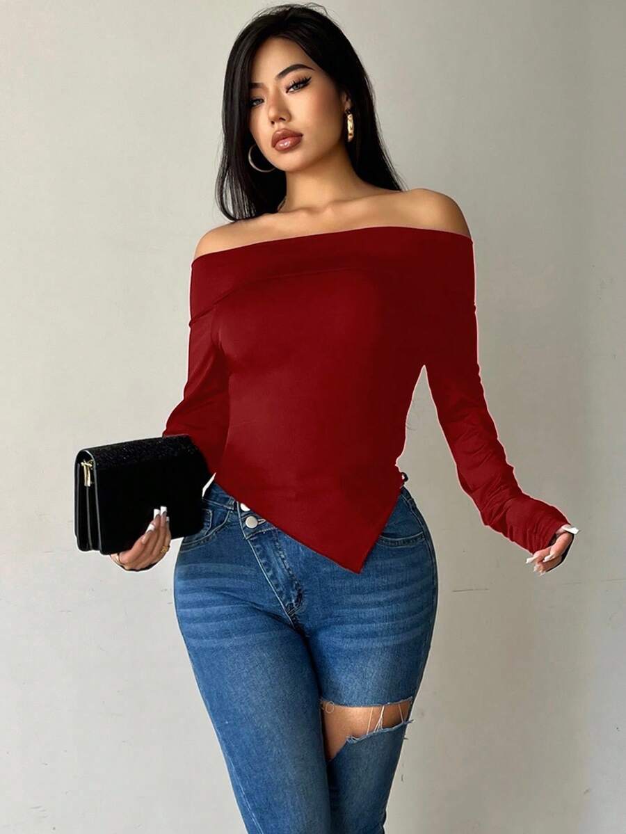 SHEIN Glamour 女士优雅通勤纯色露肩不对称下摆衬衫 - 酒紅色 - 查看 1