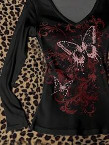 Attitoon 女士V领休闲蝴蝶印花修身长袖T恤，机场通勤百搭 - 白色 - 查看 3