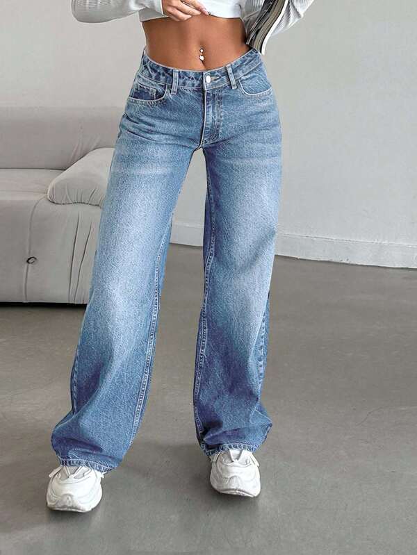 SHEIN PETITE 100%Cotton Women's Slant Pocket Wide Legs Casual Jeans