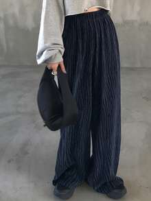 FRIFUL 女式休闲斑马纹松紧腰斜口袋宽松裤，秋季 - 藏蓝色 - 查看 2