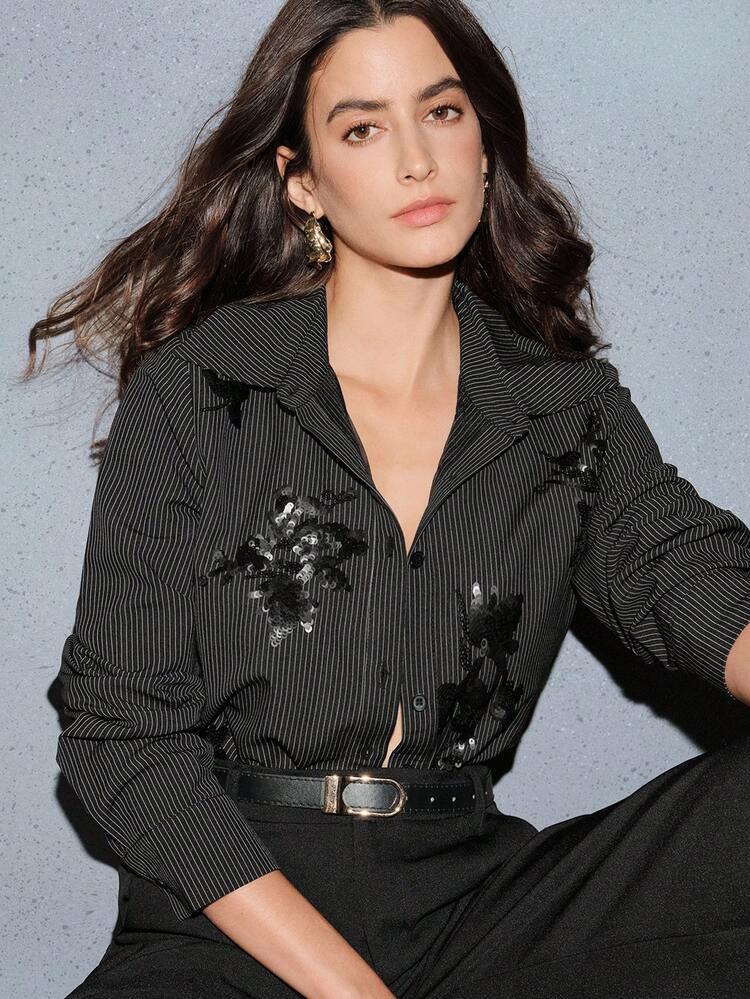 Spring & Autumn New Urban Chic 3D Beaded Striped Lapel Long Sleeve Women Shirt