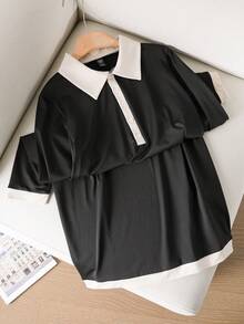 CosyJoli Rochie casuală cu guler polo, model block, tricotată, cu mânecă lungă, mărime plus - Negru - Vizualizare 5