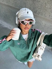 SHEIN 少女秋季撞色丝带蝴蝶结刺绣休闲运动夹克，可爱时尚的运动女孩夹克，适合返校季 - 綠色 - 查看 3