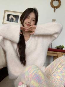 DAZY V-Neck Loose Knit Long Sleeve Top & Pants 2 Pieces Lounge Set For Women, Casual Loungewear For Autumn/Winter, Cozy Outfit Thermal Lined Clothes - Pink - View 6