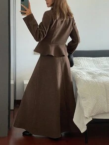DAZY Elegante conjunto de 2 piezas: chaqueta holgada de negocios casuales en color marrón y falda de línea A, adecuado para la oficina y el transporte en otoño/invierno - Café integral - Ver 3