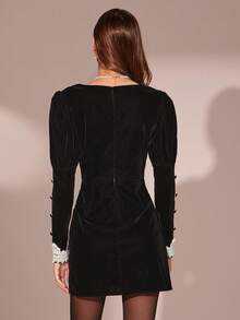 Enchnt Women's Black And White Contrast Lace V-Neck Gigot Sleeve Elegant Velvet Mini Dress,Autumn Fall/Winter Chic&Elegant For Dining&Party Dress - Black - View 5