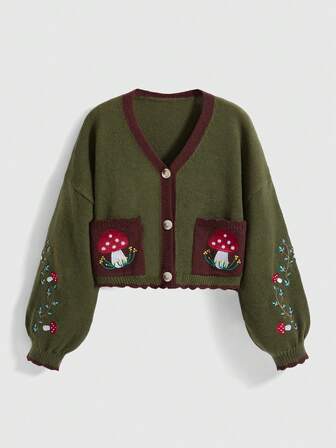 Fairycore Cardigan en tricot à poche avec broderie de champignon pour femmes grande taille