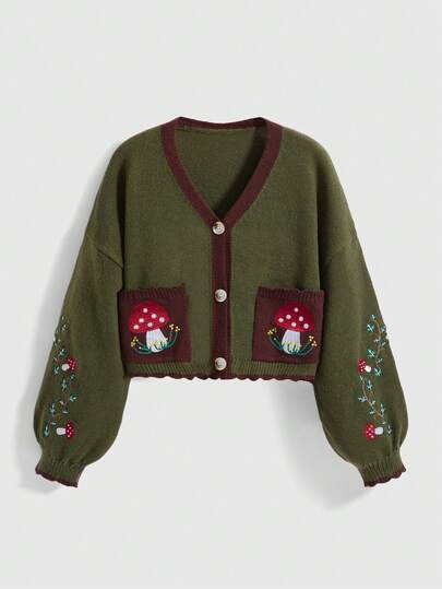 Fairycore Cardigan en tricot à poche avec broderie de champignon pour femmes grande taille